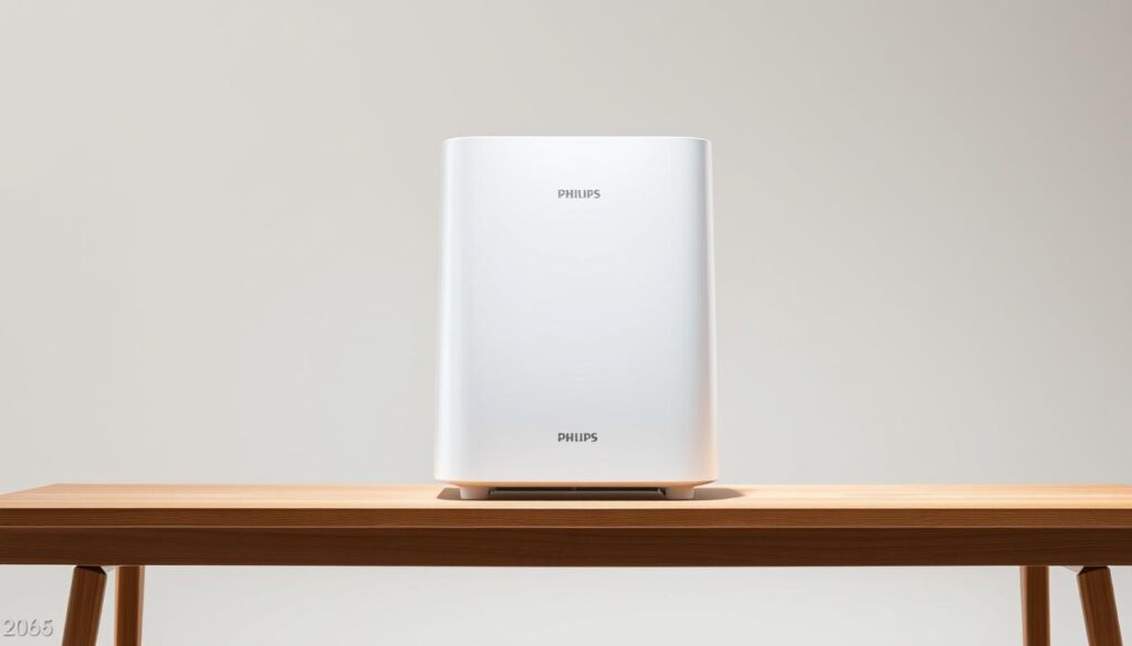 Philips Series 5000 air purifier dehumidifier standing prominently on a sleek, modern wooden table. The device is depicted in a well-lit, airy environment, showcasing its clean, minimalist design. Soft, diffused lighting illuminates the unit, highlighting its smooth, matte white exterior and subtle metallic accents. The air purifier's control panel and digital display are clearly visible, conveying its advanced functionality. The scene exudes a sense of tranquility and efficiency, befitting the device's purpose of improving indoor air quality and humidity control. The background features a simple, neutral color palette, allowing the Philips Series 5000 to take center stage as the focal point of the image.