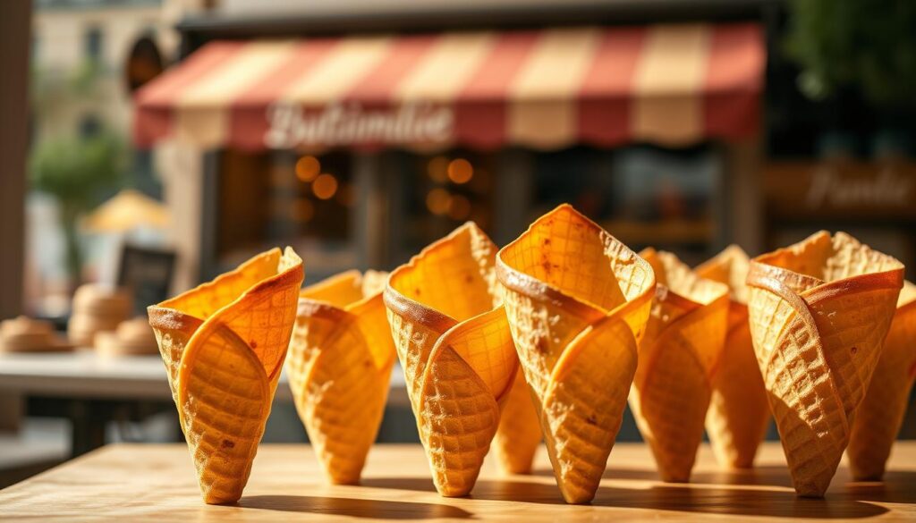 Premium french butter cones, with a golden-brown, perfectly crisp exterior and a rich, creamy interior. Captured in natural daylight, the cones are arranged in the foreground, their delicate silhouettes casting soft shadows. The mid-ground features a blurred backdrop of a quaint French patisserie, hinting at the artisanal craftsmanship behind these delectable treats. Subtle bokeh effects lend an air of elegance, while warm, muted tones evoke a sense of comfort and indulgence. The overall composition conveys the premium quality and luxurious experience of these exceptional French butter cones.