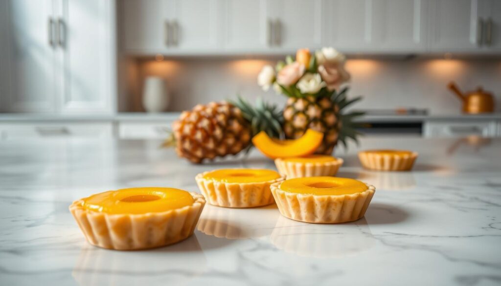 Premium pineapple tarts on a marble countertop, with a warm glow from soft directional lighting. The tarts have a golden, flaky crust and a vibrant, caramelized pineapple filling. A few tarts are arranged in the foreground, with a small pile of pineapple wedges in the middle ground. In the background, a clean, minimalist kitchen setting with white cabinets and a simple, elegant vase of fresh flowers. The overall mood is one of refined sophistication and mouthwatering temptation, capturing the essence of the best pineapple tarts in Singapore.