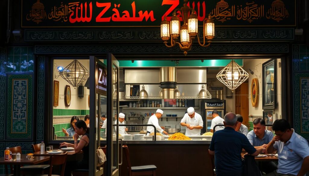 Prompt A century-old institution in the heart of Singapore, Zam Zam is a bustling halal restaurant, its facade adorned with vibrant green tiles and intricate Arabic calligraphy. Through the open doorway, glimpse the bustling kitchen, where chefs meticulously prepare fragrant biryani, the aroma of spices and slow-cooked basmati rice wafting out. In the dining area, wooden tables and chairs sit beneath ornate chandeliers, their soft light casting a warm glow over the space. Patrons, both locals and tourists, savor each bite, immersed in the rich history and tradition that permeates every corner of this revered establishment.