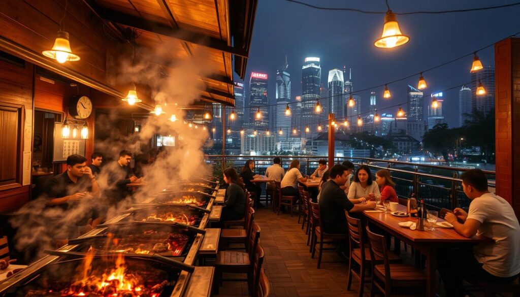 Prompt A cozy late-night scene at BBQ Box in Chinatown, Singapore. Warm, golden lighting casts a soft glow over the bustling open-air dining area. Sizzling charcoal grills emit enticing aromas, surrounded by wooden tables and chairs occupied by groups of friends and families enjoying hearty BBQ dishes. In the background, the iconic Singapore skyline is visible, with the towering skyscrapers and twinkling lights creating a vibrant, urban atmosphere. A sense of lively energy and conviviality permeates the scene, inviting the viewer to imagine the delicious flavors and lively conversations unfolding.