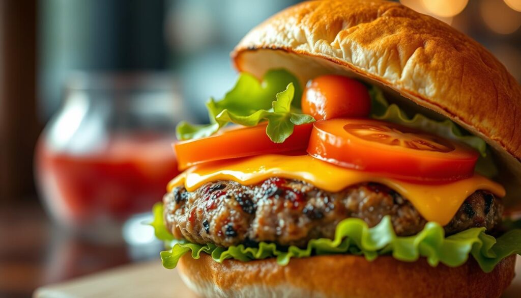 Prompt A mouthwatering close-up of the best burger in Singapore, set against a softly blurred background. The juicy patty is char-grilled to perfection, adorned with melted cheddar cheese, crisp lettuce, juicy tomatoes, and a generous dollop of tangy, house-made special sauce. The bun is perfectly toasted, its golden-brown hue glistening under soft, warm lighting. The composition highlights the burger's premium quality and artisanal craftsmanship, conveying the sense of an award-winning dish prepared with meticulous attention to detail. A shallow depth of field and a slightly low camera angle create an immersive, almost three-dimensional perspective, drawing the viewer's gaze directly to the burger's irresistible details.