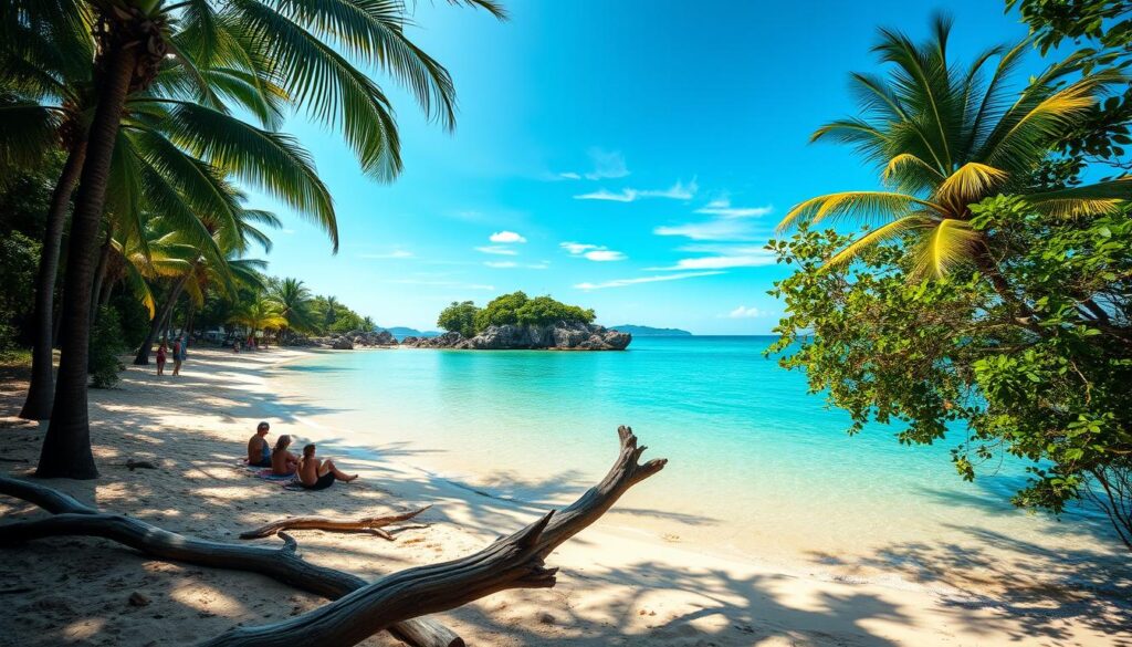 Sembawang Park Beach, a tranquil natural oasis along Singapore's northern coast. Serene turquoise waters lap gently against the pristine sandy shore, framed by lush tropical foliage. Warm sunlight filters through swaying palm trees, casting a golden glow over the secluded cove. In the distance, rocky outcroppings jut out, creating a picturesque backdrop. Beachgoers relax on weathered driftwood, taking in the soothing sights and sounds of this idyllic retreat. A wide-angle lens captures the scene, showcasing the park's captivating blend of land and sea in a breathtaking, cinematic view.