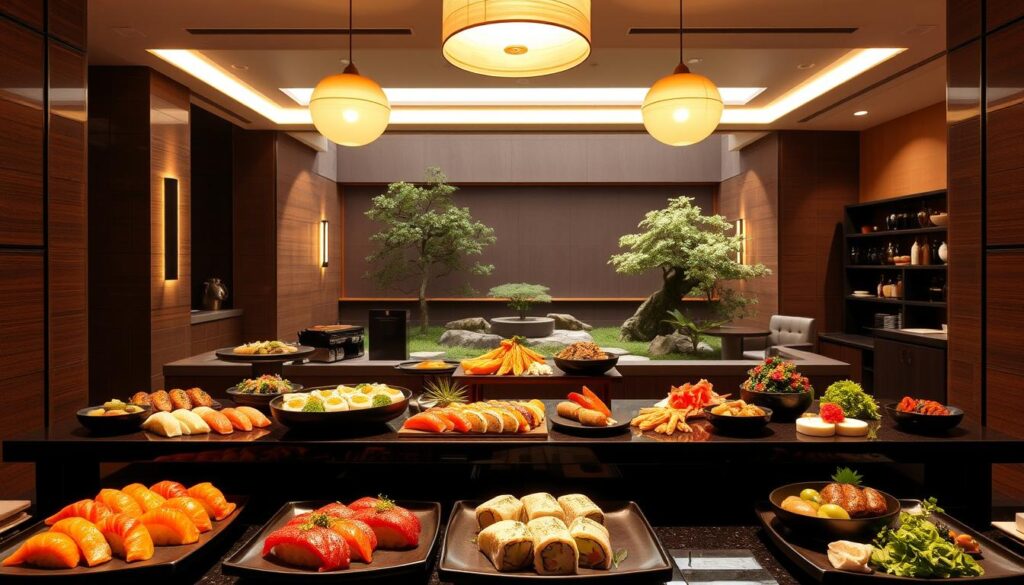 Shin Minori Japanese Restaurant, a serene oasis of refined culinary excellence nestled in the heart of Singapore's vibrant cityscape. A stunning facade of sleek, modern design frames the entrance, inviting guests to step into a world of authentic Japanese flavors. Inside, the minimalist decor and soft lighting create an atmosphere of understated elegance, perfectly complementing the meticulously prepared dishes. In the foreground, a tantalizing array of sushi and sashimi glisten under the warm glow of the overhead lamps, while in the middle ground, delicate tempura and grilled specialties beckon. In the background, a serene zen garden provides a calming counterpoint, transporting diners to the tranquil landscapes of Japan. This image perfectly captures the essence of Shin Minori - a harmonious blend of traditional and modern, where every bite is a symphony of flavors.
