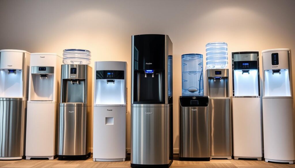 Sleek, modern water dispensers in a well-lit showroom setting. An array of various styles and designs, from freestanding floor models to countertop units, each showcasing its unique features. Stainless steel, glass, and minimalist finishes create a sophisticated, high-end ambiance. Soft, diffused lighting illuminates the dispensers, highlighting their clean lines and attention to detail. The dispensers are arranged in a visually appealing, symmetrical layout, allowing the viewer to easily compare and contrast the different types. The background is a neutral, muted tone, ensuring the focus remains on the diverse selection of water dispensers.