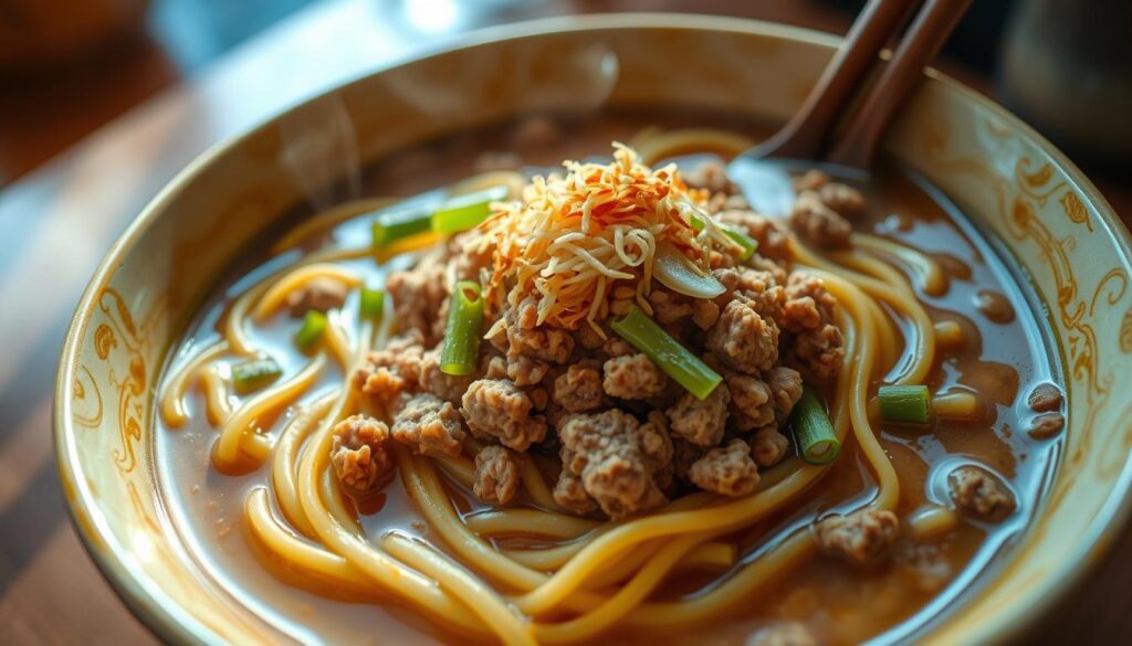 Steaming bowl of delectable Macpherson minced meat noodles, the savory broth glistening under soft, natural lighting. Springy yellow noodles nestled beneath a generous mound of seasoned ground pork, garnished with crisp bean sprouts, scallions, and a sprinkling of fried shallots. The scene captured from a slight low angle, emphasizing the depth and richness of the dish, inviting the viewer to savor its aromatic essence. A mouthwatering representation of a beloved Singaporean hawker fare, capturing the vibrant flavors and textures that make it a local favorite.