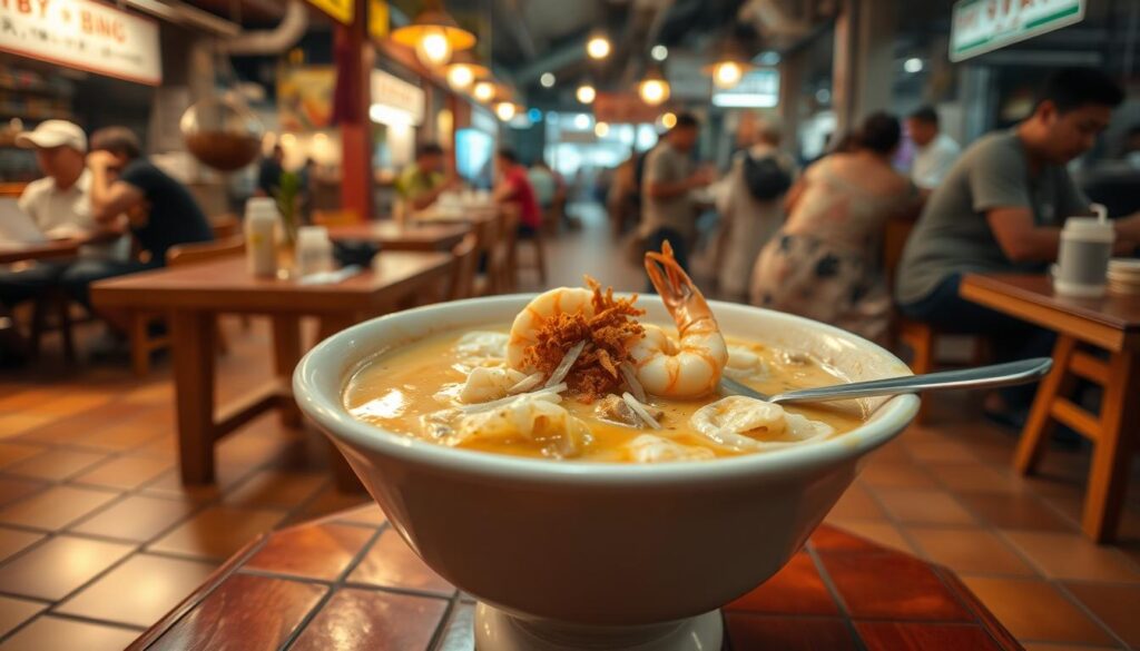 Steaming hot bowl of authentic Katong laksa, featuring a rich and creamy coconut-based broth, thick rice noodles, succulent shrimp, sliced fish cake, and a sprinkle of crunchy fried shallots. The scene is set in a cozy hawker center, with tiled floors, wooden tables, and the bustling energy of local Singaporean diners. Warm golden lighting casts a inviting glow, while the aroma of spices and fresh seafood fills the air, creating a mouthwatering and immersive dining experience.