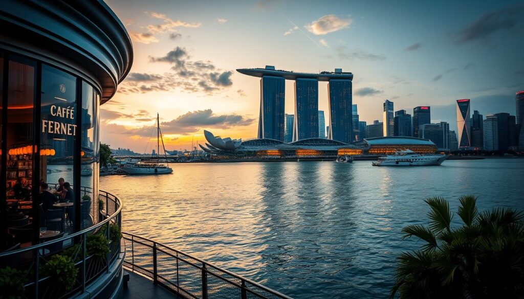 Sweeping vistas of Marina Bay, Singapore's iconic waterfront. In the foreground, the elegant, curved facade of Caffe Fernet, its outdoor seating area offering panoramic views of the bustling harbor. The middle ground features the distinctive Helix Bridge and the towering Marina Bay Sands hotel, their reflections rippling across the calm waters. In the background, the city skyline glitters under the warm, golden light of the setting sun, casting a romantic, atmospheric glow over the entire scene. The composition captures the perfect blend of modern architecture, vibrant nightlife, and scenic natural beauty that makes this locale a must-visit destination for both diners and sightseers alike.