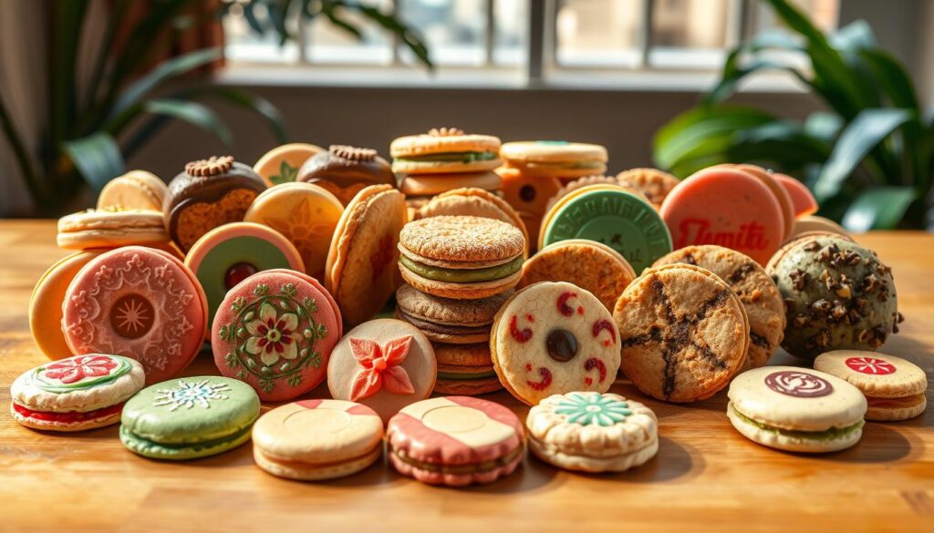 Tantalizing array of unique cookie flavors artfully arranged on a wooden table, bathed in warm, natural lighting. Foreground showcases an assortment of vibrant, eye-catching cookies in unexpected flavors like matcha, lychee, and pandan, each meticulously crafted with intricate designs. Middle ground features a variety of textures and shapes, from delicate macarons to crumbly shortbread. Background evokes a cozy, Singaporean ambiance with hints of tropical foliage and subtle, earthy tones. Composition highlights the diverse, innovative nature of Singapore's cookie scene, inviting the viewer to explore these extraordinary flavors.