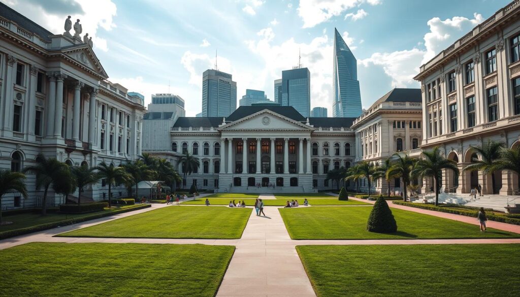 Top universities in Singapore, towering beacons of academic excellence, set against a backdrop of the city's modern skyline. Crisp, well-manicured lawns lead the way to grand, neo-classical buildings adorned with intricate architectural details. Sunlight streams through large windows, illuminating the bustling activity within - students engrossed in their studies, professors engaged in lively discussions. The atmosphere exudes an air of intellectual rigor and global prestige, reflecting Singapore's status as a premier educational hub. Capture the essence of these renowned institutions, their rankings and reputations, in a meticulously crafted image that celebrates the pinnacle of higher education in this vibrant, forward-thinking nation.