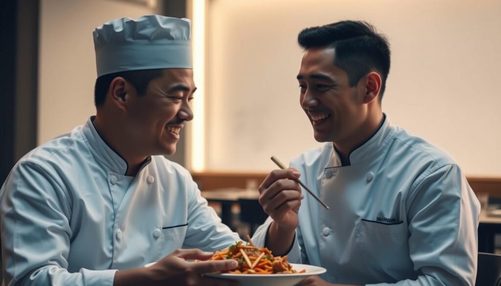 Two skilled chefs, dressed in crisp white uniforms, engaged in a lively conversation as they savor a delectable Zi Char dish at their restaurant. The scene is captured in a warm, candid moment, with soft, diffused lighting casting a cozy glow over the intimate setting. The chefs' facial expressions exude a sense of passion and camaraderie, reflecting their dedication to their craft. In the background, the restaurant's modern, minimalist decor provides a clean, uncluttered backdrop, allowing the focus to remain on the chefs and their shared enjoyment of the flavorful Zi Char creation.