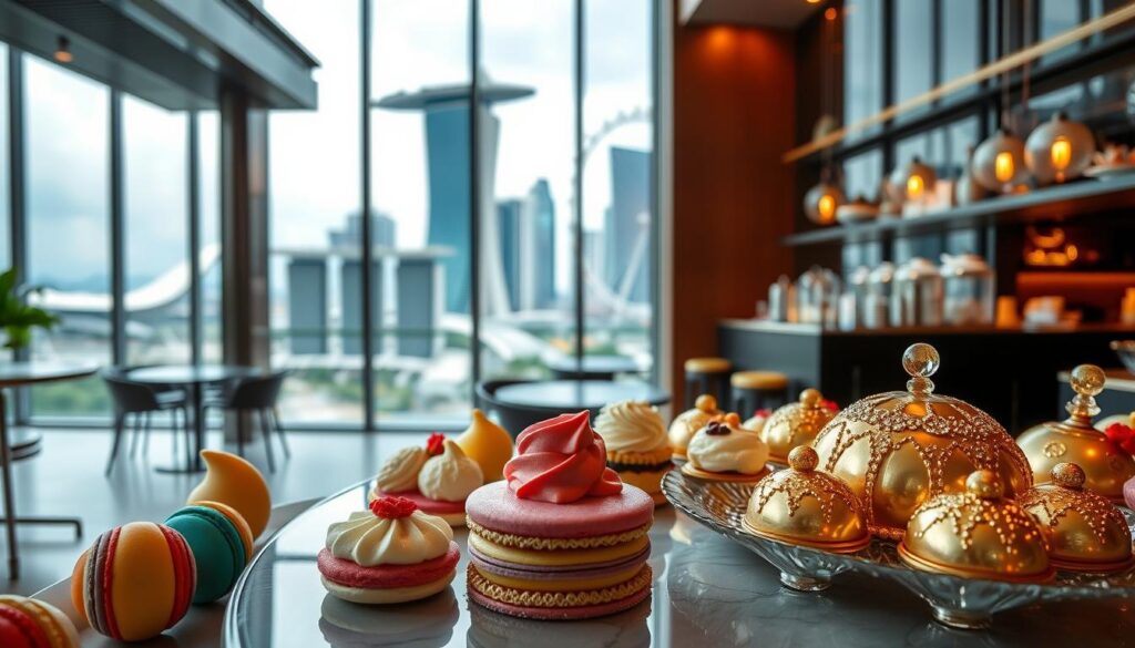 Unique dessert experiences in Singapore: a whimsical scene of intricate pastries, vibrant colors, and architectural delights. In the foreground, an array of artfully crafted confections - rainbow-hued macarons, delicate mille-feuille, and glistening dome-shaped desserts. The middle ground features a sleek, modern cafe interior with floor-to-ceiling windows overlooking the city skyline. Soft, natural lighting filters through, casting a warm, inviting glow. In the background, the iconic Marina Bay Sands and Singapore Flyer rise majestically, creating a striking urban backdrop. The overall mood is one of indulgence, wonder, and a celebration of Singapore's dynamic culinary landscape.