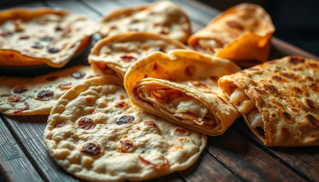 Unique prata varieties, delicately displayed on a rustic wooden table. Close-up view, highlighting the intricate folds and delicate textures of each prata. Crisp, golden-brown exteriors, with a range of fillings peeking through - savory masala, fragrant onions, creamy cheese. Warm lighting casts a cozy glow, accentuating the handcrafted nature of these delectable treats. Subtle shadows create depth, drawing the viewer's eye to the center of the frame. A sense of artisanal craftsmanship and Singaporean heritage permeates the scene, inviting the viewer to imagine the flavors and aromas of these unique prata creations.