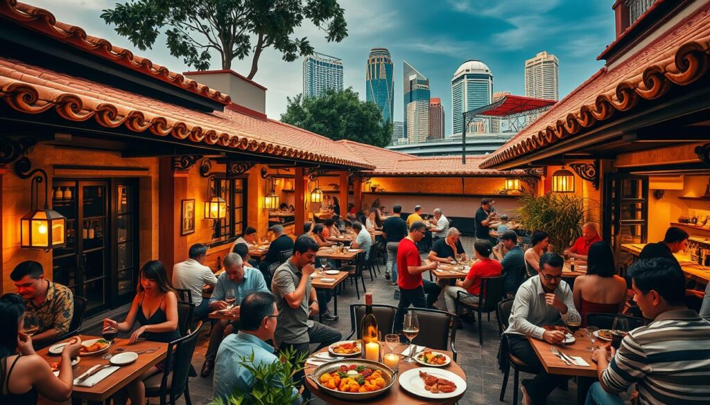 Vibrant Spanish restaurants in the heart of Singapore, bustling with life and flavor. Terracotta-tiled roofs and wrought-iron balconies set the scene, while the aroma of sizzling tapas and the sound of laughter fill the air. In the foreground, patrons dine al fresco, savoring rich paellas and bold Rioja wines. The middle ground features lively waitstaff delivering plates of croquetas and jamón, while the background showcases the iconic Singapore skyline, a harmonious blend of modern architecture and historic charm. Warm, golden lighting casts a cozy glow, evoking the convivial spirit of a Spanish courtyard. This image captures the essence of the top Spanish restaurants in Singapore, a tantalizing taste of the Iberian Peninsula in a vibrant, cosmopolitan setting.