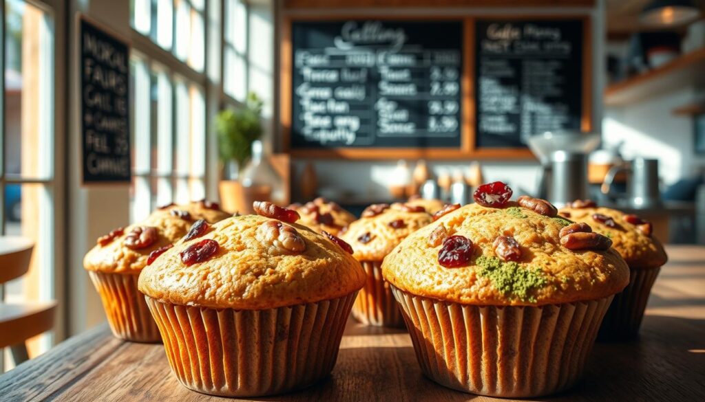 Vibrant muffins in a sun-dappled bakery, their golden tops speckled with a mosaic of global ingredients - crunchy pecans, tangy dried cranberries, fragrant cardamom, and a hint of earthy matcha. The muffins sit atop a rustic wooden counter, their warm aroma mingling with the scent of freshly brewed coffee. A soft, natural light filters through large windows, casting a cozy glow over the scene. In the background, a chalkboard menu hangs, promising a world of flavors from this local gem. The overall impression is one of comforting familiarity and a celebration of diverse culinary traditions.