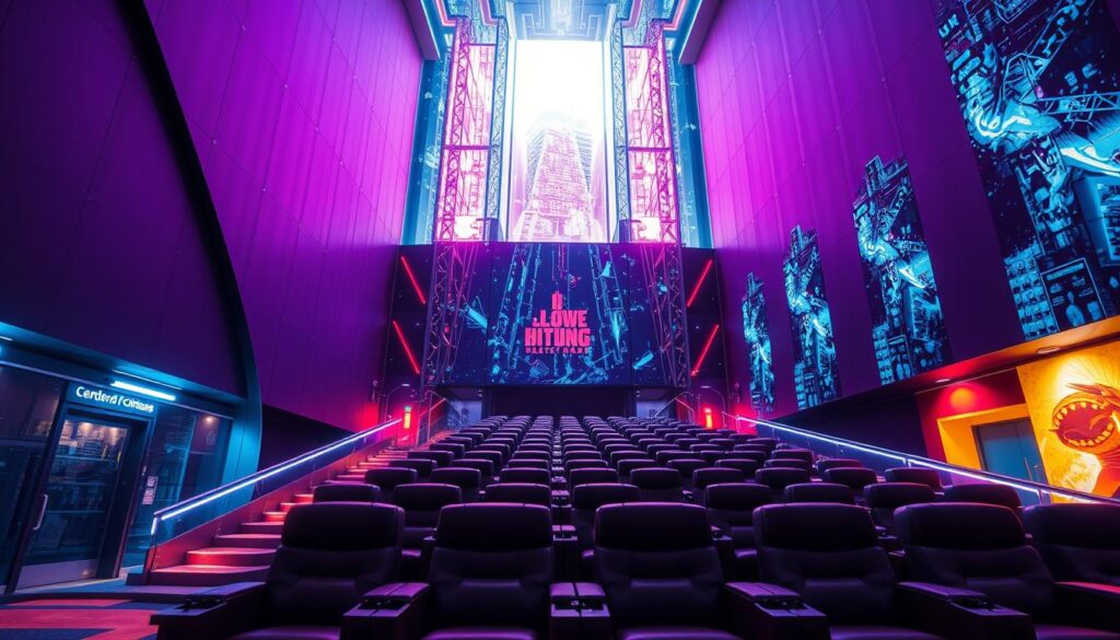 Vibrant neon lights illuminate a futuristic cinema facade, its sleek lines and angular architecture reflecting the city's dynamic energy. Inside, a cavernous atrium features a towering holographic display, captivating audiences with its ever-changing visual spectacle. Plush, high-tech recliners beckon moviegoers, who sink into the soft leather as they immerse themselves in an immersive, multisensory cinematic experience. The air is charged with anticipation, the sound system rumbling with the opening credits, inviting viewers to embark on a journey like no other. This is the future of cinema, a temple of technology and innovation, where the boundaries between reality and fantasy blur, and the cinematic experience becomes a true work of art.
