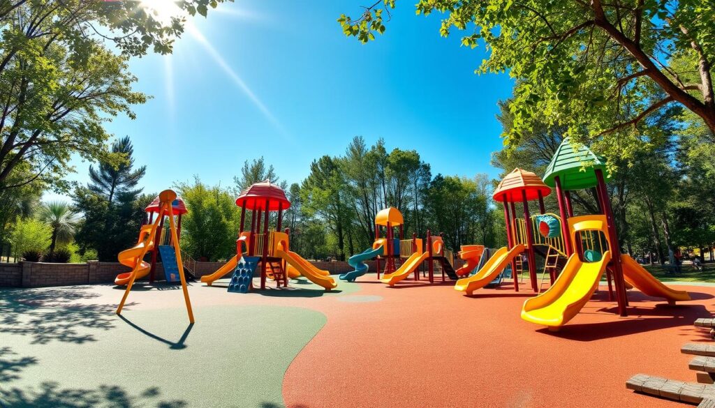Vibrant outdoor playgrounds, sun-dappled and inviting, with colorful equipment nestled amid lush greenery. Swings gently swaying, slides winding down, and jungle gyms beckoning children to climb and explore. A diverse range of structures, from classic seesaws to modern interactive features, cater to a variety of ages and abilities. Soft padded surfaces and ample shade provide a safe and comfortable environment for kids to engage in active play. The scene is infused with an energetic, joyful atmosphere, capturing the essence of carefree childhood moments. A wide-angle lens captures the full scope of the playground, showcasing its integration within a picturesque natural setting.