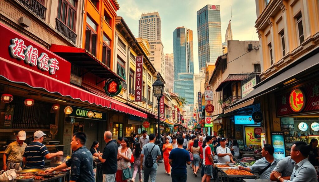 Vibrant street scene in Singapore's bustling Chinatown, featuring a diverse array of traditional and modern eateries. In the foreground, a lively hawker center with sizzling woks, fragrant spices, and a crowd of satisfied diners. In the middle ground, a mix of heritage shophouses and trendy cafes, their facades adorned with neon signs and colorful murals. The background showcases the iconic skyscrapers of the city's financial district, bathed in warm, golden-hour lighting. The atmosphere is one of exuberant culinary excitement, where the aroma of local delicacies mingles with the sounds of sizzling pans and lively chatter, creating a true food lover's paradise.