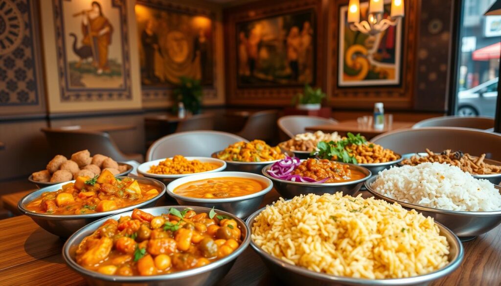 Vibrant vegetarian delights displayed in a serene setting at Nalan Restaurant. In the foreground, a selection of flavorful Indian dishes - fragrant curries, lentil-based dals, and aromatic rice preparations - arrayed on a wooden table. Soft lighting illuminates the vibrant colors and textures of the food, highlighting its freshness and homemade appeal. In the middle ground, the restaurant's interior comes into view - warm, earthy tones, intricate wall carvings, and traditional Indian artwork creating an inviting, authentic ambiance. The background frames the scene with a glimpse of the bustling Singapore streetscape outside, conveying a sense of the restaurant's lively urban setting.