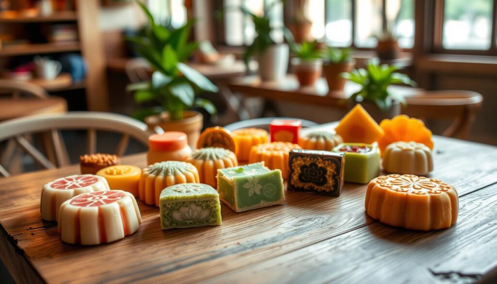 a beautifully lit overhead shot of an assortment of nyonya kueh, traditional Singaporean bite-sized desserts, arranged on a rustic wooden table. the kueh display a variety of vibrant colors and intricate patterns, showcasing their delicate texture and artisanal craftsmanship. a warm, soft lighting illuminates the scene, lending a cozy, inviting atmosphere. in the background, a blurred view of a charming cafe setting, with potted plants and subtle accents that evoke the warmth and coziness of a local singaporean morning. the overall composition highlights the alluring visual appeal and mouthwatering quality of these sweet nyonya treats.