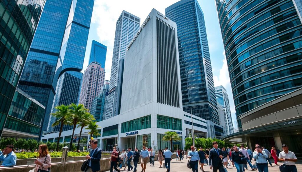 a bustling, modern financial district in Singapore, with towering skyscrapers, sleek glass facades, and a vibrant street-level atmosphere. In the foreground, people hurry along the sidewalks, carrying briefcases and checking their phones, reflecting the fast-paced, business-oriented nature of the area. In the middle ground, a large, modern building with a prominent sign reading "Changers" stands out, its minimalist design and bold branding suggesting a high-end currency exchange service. The background is filled with a mix of other tall office buildings, their windows reflecting the bright tropical sunlight and the bustling city life below. The overall scene conveys a sense of urban sophistication, efficiency, and a thriving financial hub.