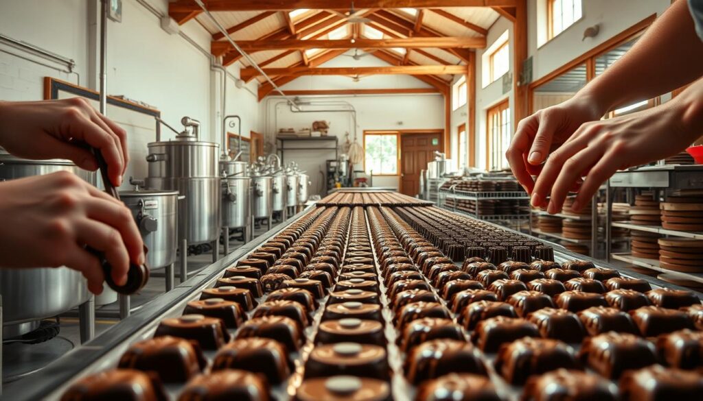 a close-up view of an artisanal chocolate-making process in a traditional Singaporean chocolaterie. in the foreground, skilled hands carefully temper and mold rich, velvety chocolate into intricate shapes. in the middle ground, rows of shiny metal equipment and tools - melting vats, molds, and cooling racks - suggest the meticulous attention to detail. the background features an airy, sunlit workspace with wooden beams and whitewashed walls, creating a warm, inviting atmosphere. the entire scene is bathed in soft, natural lighting that accentuates the rich hues and smooth textures of the chocolate, conveying the artistry and craftsmanship of Singapore's finest confectioners.