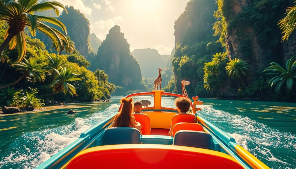 a colorful and whimsical boat ride through the lush landscapes of Madagascar, with a playful and adventurous atmosphere. the foreground features a vibrant, kid-friendly boat design, with bright colors and friendly animal characters. the middle ground showcases the tropical foliage and scenic waterways of the island, with a sense of depth and exploration. the background features towering cliffs, lush greenery, and a bright, sun-dappled sky, creating a sense of immersion and wonder. the lighting is warm and inviting, with a soft, diffused glow that enhances the vibrant colors and playful mood. the camera angle is slightly elevated, providing a dynamic and engaging perspective for the viewer.
