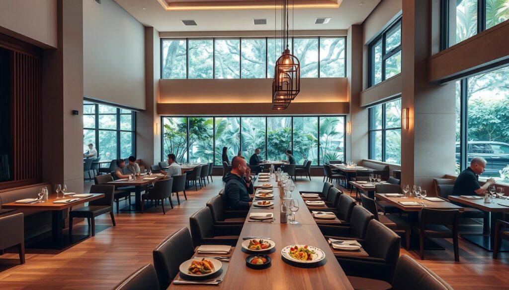 a contemporary dining room in a modern Indonesian restaurant called Embassy 1967, located in a historic colonial-era building in Singapore. the spacious dining area features high ceilings, large windows, and a minimalist, elegant decor with natural wood accents and muted earth-toned furnishings. the lighting is warm and ambient, creating a cozy and inviting atmosphere. in the foreground, a long wooden dining table is set with modern place settings and an assortment of Indonesian dishes. in the middle ground, diners are seated at the table, enjoying their meal in a relaxed and convivial setting. the background features lush greenery visible through the large windows, blending the indoor and outdoor spaces. the overall scene conveys a sense of refined sophistication and cultural celebration.