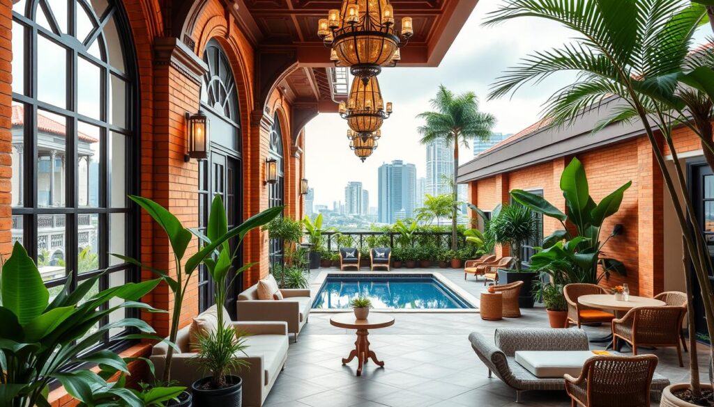 a cozy and elegant boutique hotel in singapore, situated in a vibrant neighborhood with colonial-era shophouses and lush greenery. the hotel's facade features warm-toned brickwork, intricate architectural details, and neatly manicured landscaping. the entryway is flanked by lush potted plants and leads into a tranquil lobby with plush seating, ornate light fixtures, and a tasteful blend of modern and vintage decor. natural light filters through large windows, creating a serene and inviting atmosphere. the hotel's rooftop offers stunning views of the city skyline, complemented by a sleek pool and lounge area with rattan furniture and lush tropical foliage.