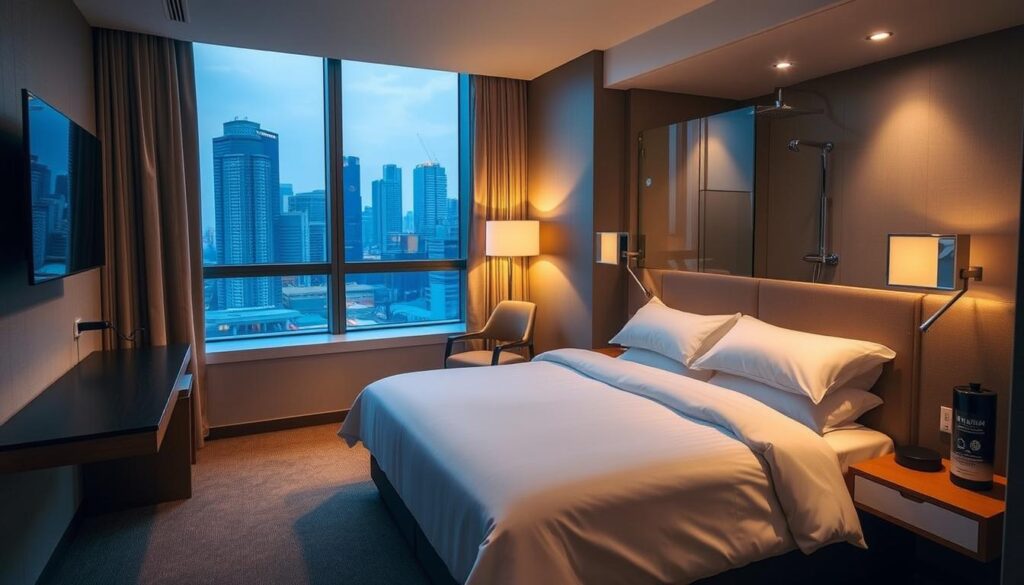 a cozy hotel room in Singapore, showcasing essential amenities - a plush king-sized bed with pristine white linens, a sleek and modern en-suite bathroom with a walk-in shower, a minimalist writing desk perfect for getting work done, and a large window offering a stunning city skyline view. The lighting is warm and inviting, with a combination of natural daylight and soft, ambient lamps. The overall atmosphere exudes a sense of comfort and sophistication, catering to the discerning traveler seeking a high-quality yet affordable hotel experience.