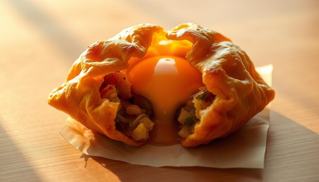 a crisp and golden heritage curry puff, its flaky pastry shell revealing a savory filling of potatoes, onions, and a blend of fragrant spices. A soft-boiled egg nestled at the center, its runny yolk oozing out as the puff is carefully sliced open. Warm lighting casts a glow over the dish, highlighting the intricate textures and enticing aromas. The puff sits atop a wooden surface, surrounded by a minimalist, modern setting that complements the traditional flavors. An elegant, yet approachable presentation that showcases the perfect balance of heritage and innovation.