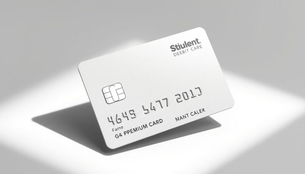 a detailed close-up view of a student debit card, floating on a plain white background, with a clean, modern design featuring a sleek silver or metallic color scheme, crisp typography, and minimal branding or logos. The card should have a textured, tactile surface that reflects light and creates a sense of premium quality. The overall composition should be well-balanced, with the card positioned to draw the viewer's attention while leaving ample negative space around it. The lighting should be soft and diffused, creating gentle shadows and highlights that accentuate the card's form and materials. The mood should be professional, elegant, and aspirational, conveying the idea of a reliable, student-focused financial product.