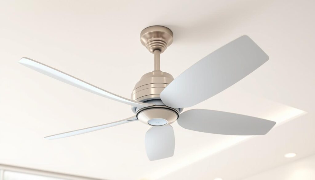 a detailed, highly realistic, 3D rendered image of an energy-efficient airflow system, showcasing a modern, minimalist ceiling fan design with sleek, aerodynamic blades that smoothly circulate the air. The fan is suspended from a clean, white ceiling with indirect lighting illuminating the space. The system features advanced air-channeling mechanisms and quiet, energy-efficient motors to provide optimal air circulation and comfort. The overall scene conveys a sense of sophisticated, high-quality engineering and intelligent design.