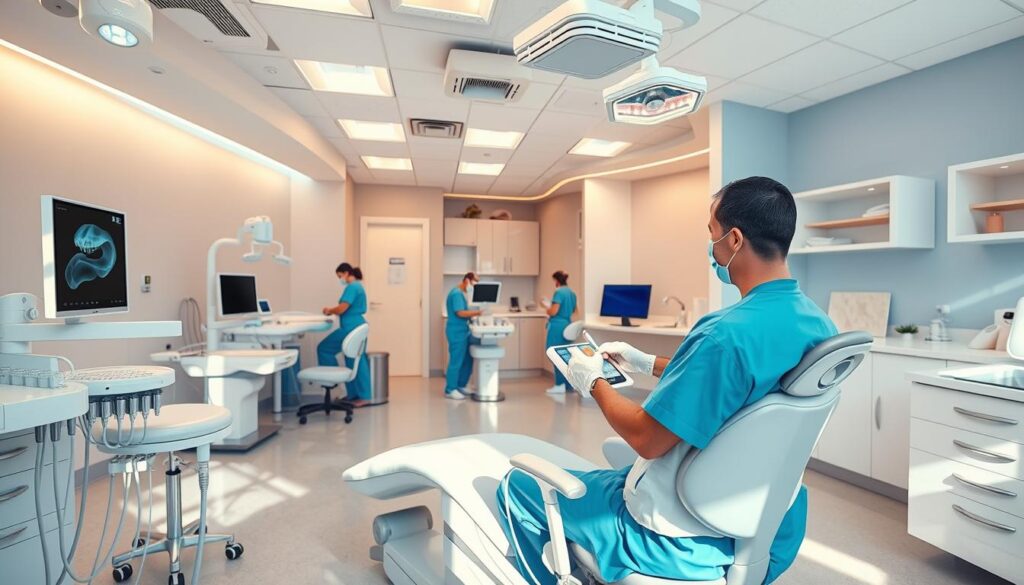 a detailed, hyper-realistic medical office interior showcasing a comprehensive range of dental services, with a bright, clean, and professional atmosphere. the foreground features a modern dental chair and equipment, with a dentist in scrubs examining a patient's teeth. the middle ground includes dental hygienists providing oral care, and the background depicts a well-equipped x-ray room, sterilization area, and reception desk. the lighting is natural and warm, with a soothing color palette of blues, whites, and grays. the overall scene conveys a sense of trust, expertise, and state-of-the-art dental care.