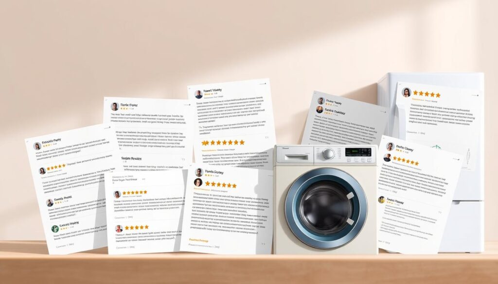 a detailed, photorealistic image of a collage of customer reviews for laundry appliances, including washing machines and dryers, set against a soft, muted background with a warm, natural lighting. The collage features a variety of review snippets, star ratings, and user comments, all displayed on realistic-looking sheets of paper or digital screens. The composition is well-balanced, with the reviews taking up the majority of the frame, and the background providing a subtle, complementary context. The overall mood is one of trust, credibility, and helpfulness, conveying the valuable insights that consumers can gain from reading these authentic customer reviews.