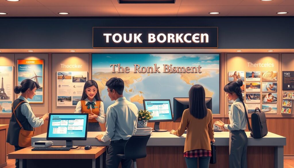a detailed, realistic scene of a tour agency booking process, with a professional-looking interior, a customer service counter, and a team of travel agents assisting customers. The scene is well-lit, with warm, inviting lighting and a clean, modern aesthetic. The travel agents are attentive and friendly, guiding customers through the booking process on computer screens. In the background, there are posters and displays showcasing various tour packages and destinations. The overall atmosphere conveys a sense of efficiency, expertise, and customer-centric service.