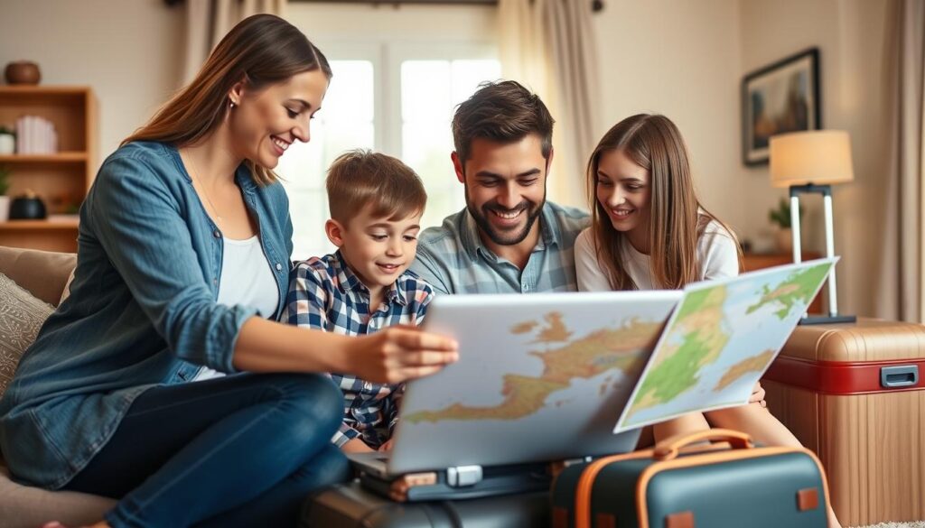 a family of four - mother, father, son, and daughter - planning their next vacation, gathered around a laptop examining travel insurance policies and coverage options, with a map and suitcases in the background, all in a warm, inviting, and well-lit home interior setting, with a sense of anticipation and excitement about their upcoming trip