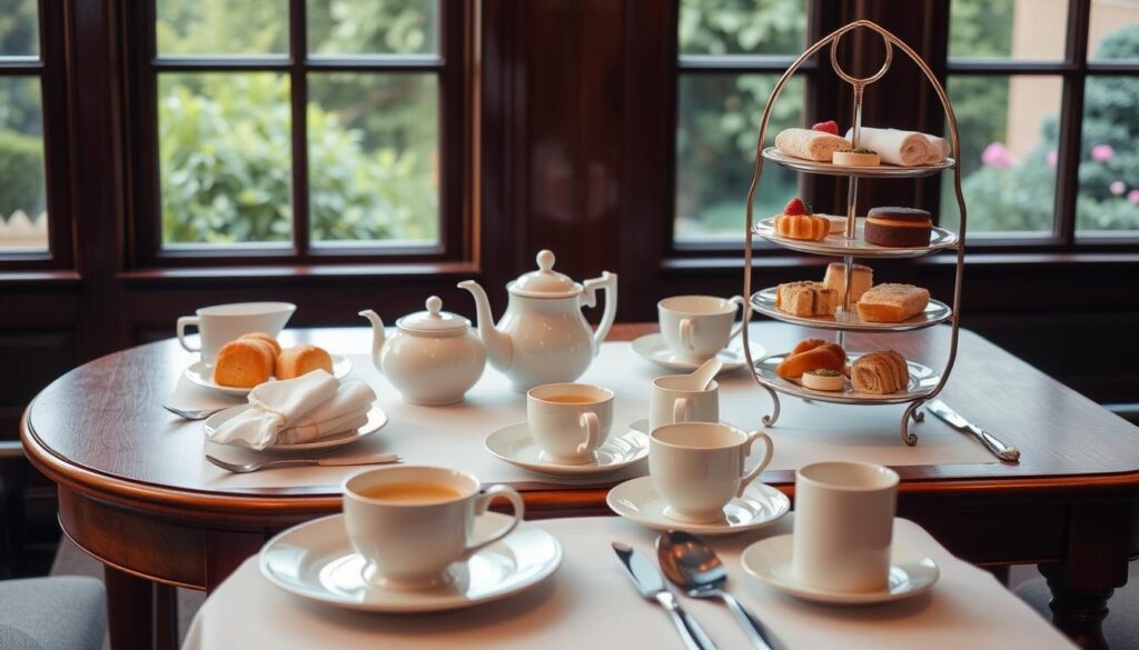 a formal high tea setting with a wooden table, fine china, and silver cutlery. In the foreground, a white tablecloth and a tiered serving stand with scones, pastries, and finger sandwiches. In the middle ground, a teapot, milk jug, and sugar bowl along with neatly folded napkins. In the background, a large window overlooking a lush garden, with soft natural lighting filtering in. The overall atmosphere is refined, elegant, and inviting, evoking a sense of timeless tradition and sophistication.