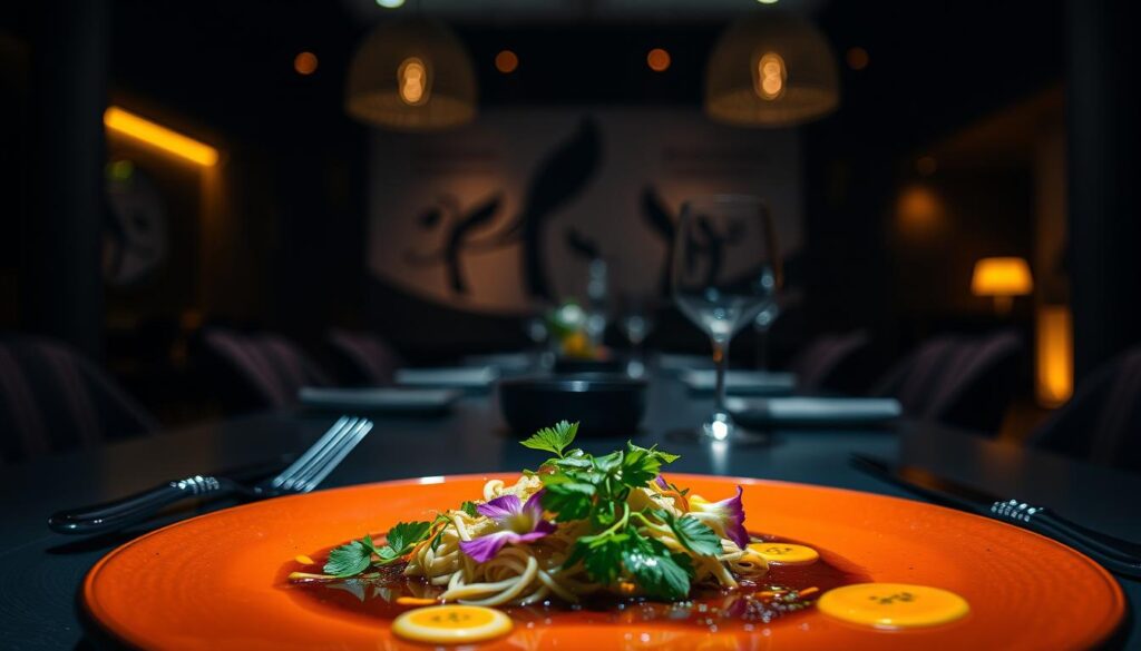 a high-contrast, cinematic image of an elevated Thai cuisine dish, photographed from a low angle with a shallow depth of field. The foreground features a vibrant, artfully-plated dish with delicate arrangements of fresh herbs, edible flowers, and sauces. The middle ground showcases a contemporary, minimalist tabletop setting with sleek, modern cutlery and tableware. The background is dimly lit, creating a moody atmosphere, with hints of warm, ambient lighting accentuating the textures and colors of the scene. The overall composition conveys a sense of sophistication, culinary expertise, and the seamless fusion of traditional Thai flavors with modern, elevated presentation.