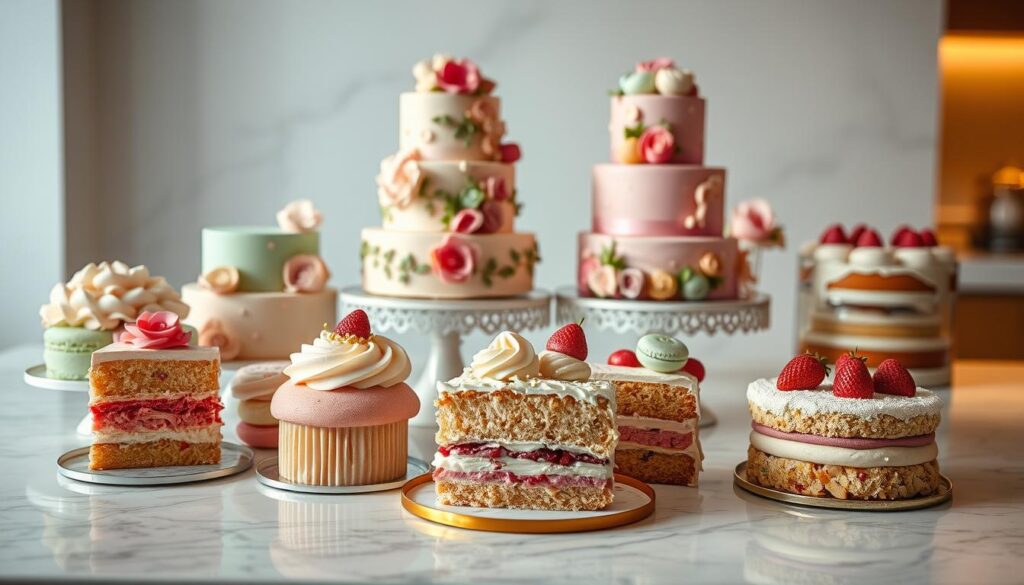 a high-quality detailed photograph of an assortment of delicate, artisanal cakes on a marble countertop, shot with a high-end DSLR camera and a shallow depth of field. The cakes feature intricate designs, vibrant colors, and a range of flavors, such as tiered fondant cakes, macarons, cupcakes, and layered sponge cakes. The lighting is soft and natural, creating warm, inviting tones. The background is minimal, with a clean, uncluttered composition that allows the cakes to be the focal point. The overall scene conveys a sense of craftsmanship, elegance, and the rich diversity of cake offerings available in Singapore.