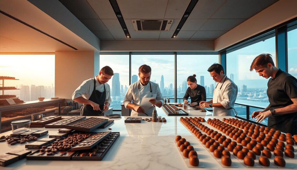 a high-quality, realistic image of a group of renowned chocolate makers in Singapore, set in a modern, well-lit confectionery workshop. The foreground features three master chocolatiers intently crafting their artisanal chocolate creations, with an assortment of premium cacao beans, molds, and tools on a pristine marble countertop. In the middle ground, rows of tempered chocolate bars and bonbons are displayed in elegant glass cases, while the background showcases a panoramic view of the city skyline through large, floor-to-ceiling windows. The lighting is warm and natural, highlighting the rich colors and textures of the chocolate and creating a sense of artisanal craftsmanship and culinary expertise.