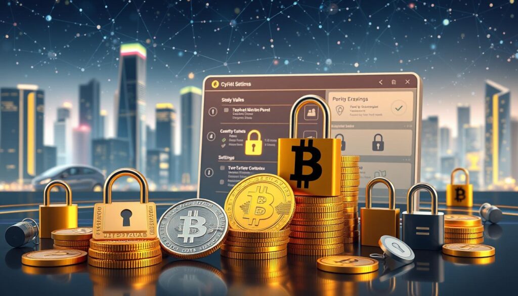 a highly detailed, photorealistic image of cryptocurrency security tips, with a clean, minimalist style and a focus on cybersecurity elements. the foreground features a stack of gold and silver cryptocurrency coins, surrounded by a security perimeter of padlocks, biometric scanners, and two-factor authentication tokens. the middle ground showcases a sleek, futuristic digital wallet interface with robust encryption settings. the background is a serene, abstract cityscape with skyscrapers, data centers, and a night sky filled with digital constellations. the overall mood is one of confidence, safety, and technological sophistication.