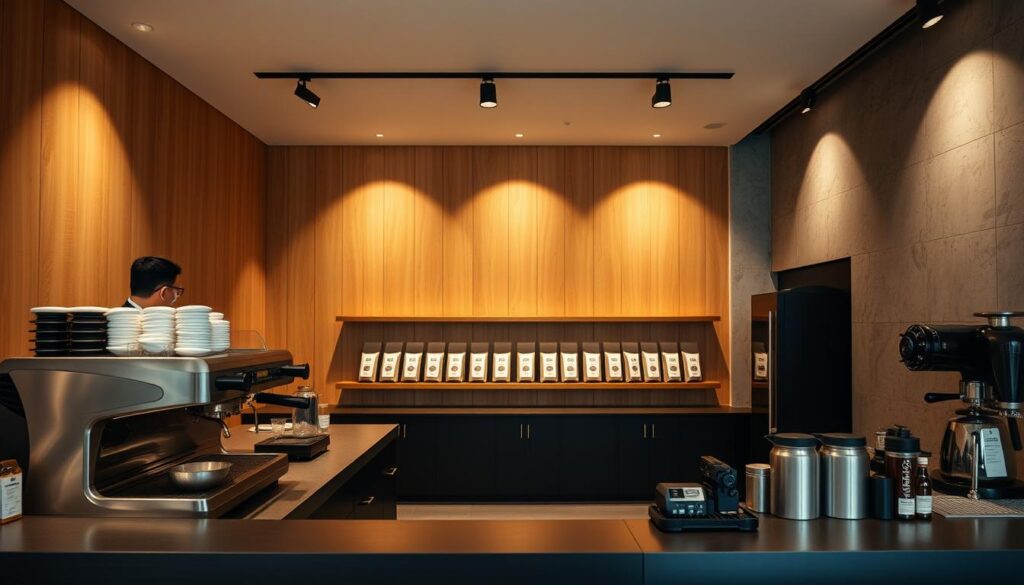 a minimalist, high-contrast interior of Homeground Coffee Roasters in Singapore, featuring a sleek, modern design with clean lines and a neutral color palette. The foreground showcases the coffee bar with a focus on the precision-crafted espresso machine and the barista in crisp uniform, working with intent. The middle ground reveals rows of neatly arranged coffee bags and brewing equipment, hinting at the attention to detail in their craft. The background is a blend of warm, natural wood tones and muted concrete walls, creating a calming, refined atmosphere. Soft, directional lighting illuminates the space, casting dramatic shadows and highlighting the textures. The overall scene conveys a sense of tranquil professionalism and unwavering dedication to the art of coffee roasting and brewing.
