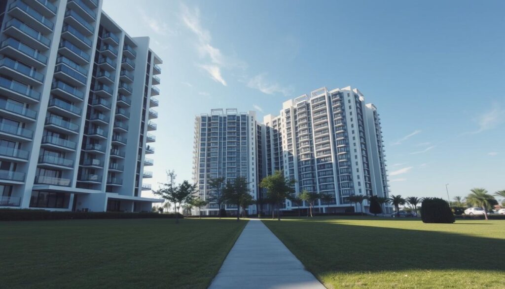 a modern, high-rise residential building in the foreground, with a clean, minimalist architectural design featuring glass facades and sharp angles. In the middle ground, a well-manicured lawn with a few trees and a pathway leading towards the building. In the background, a clear blue sky with a few wispy clouds, creating a sense of tranquility and openness. The lighting is bright and natural, casting long shadows across the scene. The overall mood is one of sophistication, wealth, and financial stability, reflecting the subject of "private property financing".