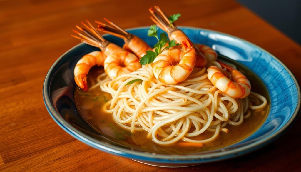 a plate of da dong blue crockery prawn noodles, with fresh succulent prawns, springy noodles, and a savory broth. the noodles are arranged in a visually appealing way, with the prawns strategically placed on top. the blue crockery bowl has a rustic, authentic feel, complementing the traditional singaporean dish. the lighting is warm and natural, highlighting the vibrant colors of the ingredients. the composition is balanced, drawing the viewer's eye to the center of the dish. the overall mood is one of comfort and homemade goodness, reflecting the local heritage and flavors of this iconic singaporean prawn noodle dish.
