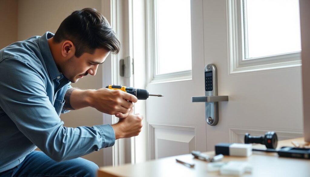 a professional technician installing a smart lock on a white wooden door, using a power drill and screwdriver, with tools and accessories laid out on a work surface nearby, natural window lighting illuminating the scene, the installer wearing a blue collared shirt and jeans, a serene and focused expression on their face as they carefully align the lock mechanism, the door frame and surrounding wall partially visible, creating a sense of depth and context a professional technician installing a smart lock on a white wooden door, using a power drill and screwdriver, with tools and accessories laid out on a work surface nearby, natural window lighting illuminating the scene, the installer wearing a blue collared shirt and jeans, a serene and focused expression on their face as they carefully align the lock mechanism, the door frame and surrounding wall partially visible, creating a sense of depth and context