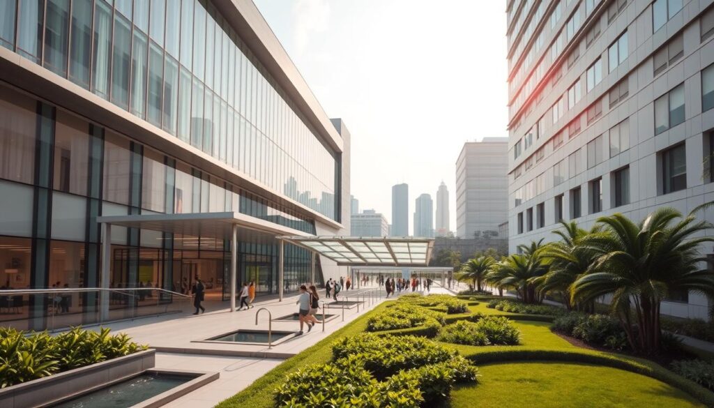 a serene, modern hospital facade with a clean, minimalist design, showcasing the latest in medical technology and patient care. The building's exterior is composed of sleek glass and steel, reflecting the sunlight and creating a sense of openness and transparency. In the foreground, a well-manicured garden with lush greenery and tranquil water features, creating a calming atmosphere for patients and visitors. The middle ground features a busy but organized entrance, with people walking in and out, conveying a sense of efficiency and professionalism. The background showcases the cityscape of Singapore, with its iconic skyscrapers and lush greenery, providing a sense of the hospital's location and integration with the surrounding urban environment. The lighting is soft and natural, with a warm, inviting glow that sets the tone for the exceptional care and facilities within.