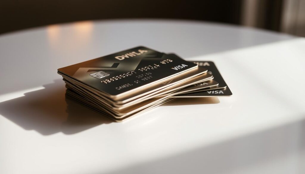 a stack of sleek and modern credit cards with metallic finishes, arranged in a visually appealing way on a clean, minimalist tabletop. The cards are positioned in a way that highlights their distinctive designs and logos, casting subtle shadows and reflections that add depth and dimension to the scene. The lighting is soft and diffused, creating a warm and inviting atmosphere that complements the premium, high-end aesthetic of the credit cards. The overall composition emphasizes the elegance and prestige of these top-tier dining rewards cards, conveying a sense of affluence and discerning taste.