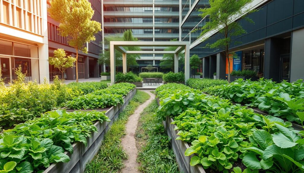 a verdant urban food garden in the heart of funan mall, singapore. the foreground features raised garden beds bursting with vibrant vegetables, herbs, and leafy greens. a central pathway winds through the lush greenery, inviting visitors to explore. in the middle ground, a modern pavilion with clean lines and glass walls provides a sheltered gathering space, allowing light to filter in. the background showcases the sleek, contemporary architecture of the mall, creating a harmonious blend of nature and urban elements. the scene is bathed in warm, natural lighting, casting a serene and rejuvenating atmosphere. this harmonious integration of food production and public space epitomizes the city's commitment to sustainable urban farming.