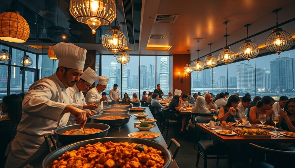 a vibrant, bustling scene of a spanish restaurant in singapore. in the foreground, a team of chefs in traditional spanish attire expertly preparing paella, their movements captured in a dynamic, cinematic fashion. the middle ground showcases the warmth and energy of the dining room, with patrons enjoying tapas and sipping on sangria under the soft glow of pendant lights. in the background, the iconic skyline of singapore's financial district provides a sleek, modern contrast, hinting at the city's status as a global culinary hub. the overall mood is one of cultural fusion, where the rich flavors and convivial spirit of spain have found a vibrant home amidst the dynamic landscape of southeast asia.